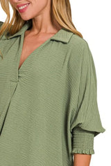 Zenana Airflow Collar Tee with Smocked Sleeve Band Top OutfitFlow