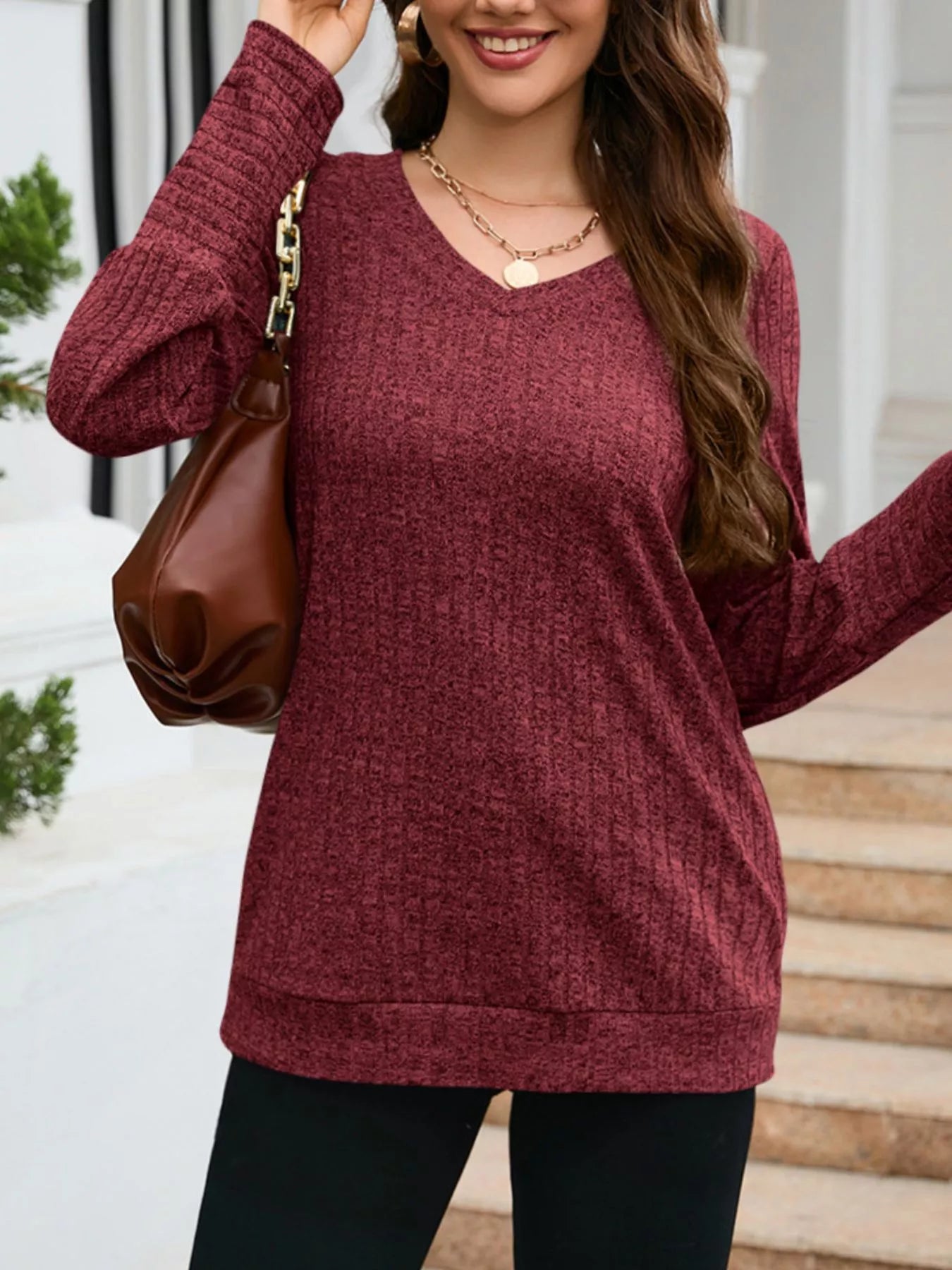 V-Neck Textured Knit Long Sleeve T-Shirt OutfitFlow