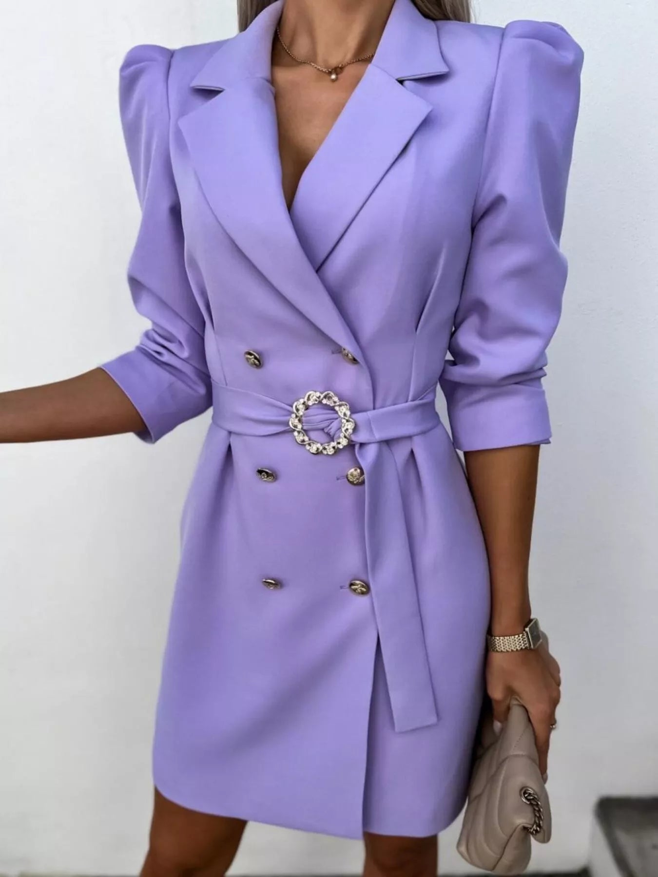 3/4 Sleeve Belted Blazer Dress Purple OutfitFlow