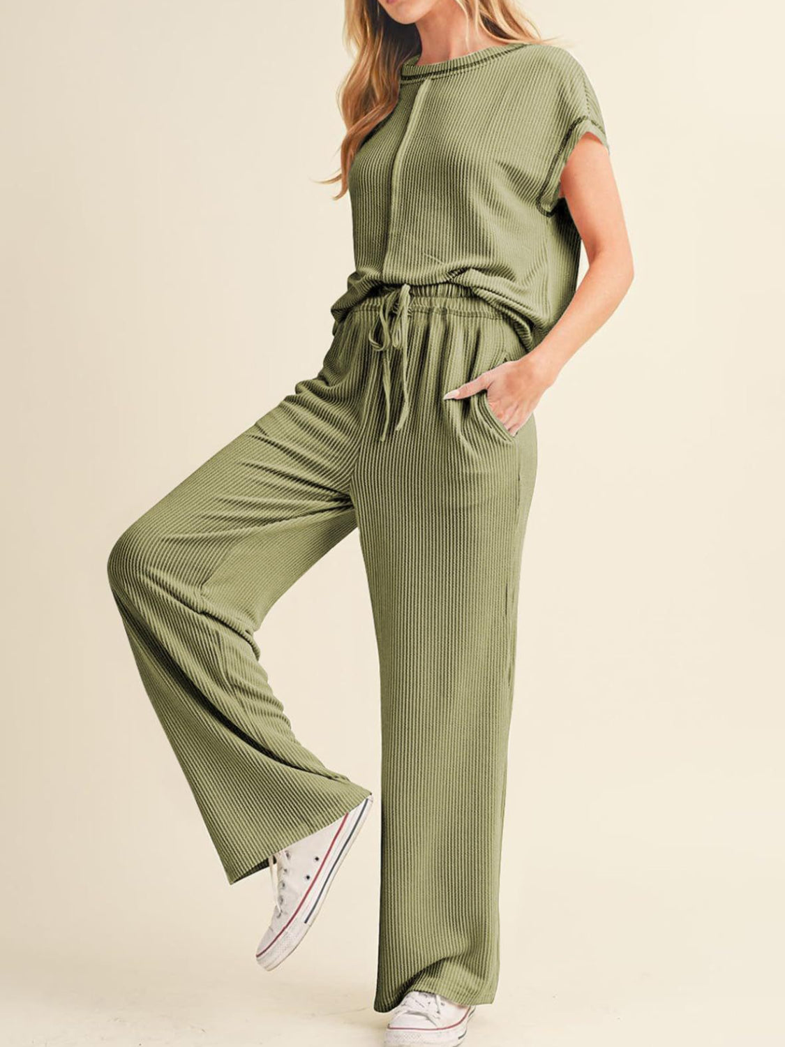 Ribbed Exposed Seam Top and Pants Set OutfitFlow
