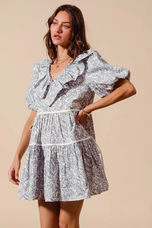 SO ME Cotton Printed Ruffle V Neckline Dress with Side Tie OutfitFlow