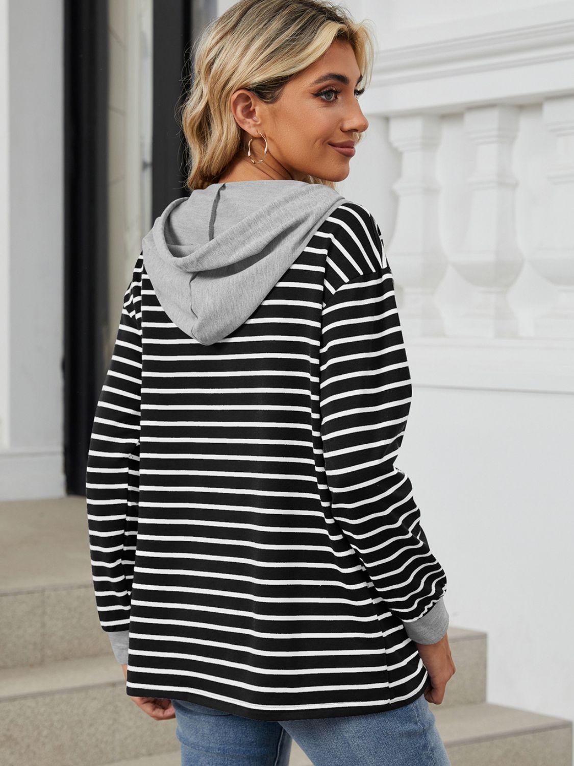 Outfit Flow - Drawstring Striped Long Sleeve Hoodie