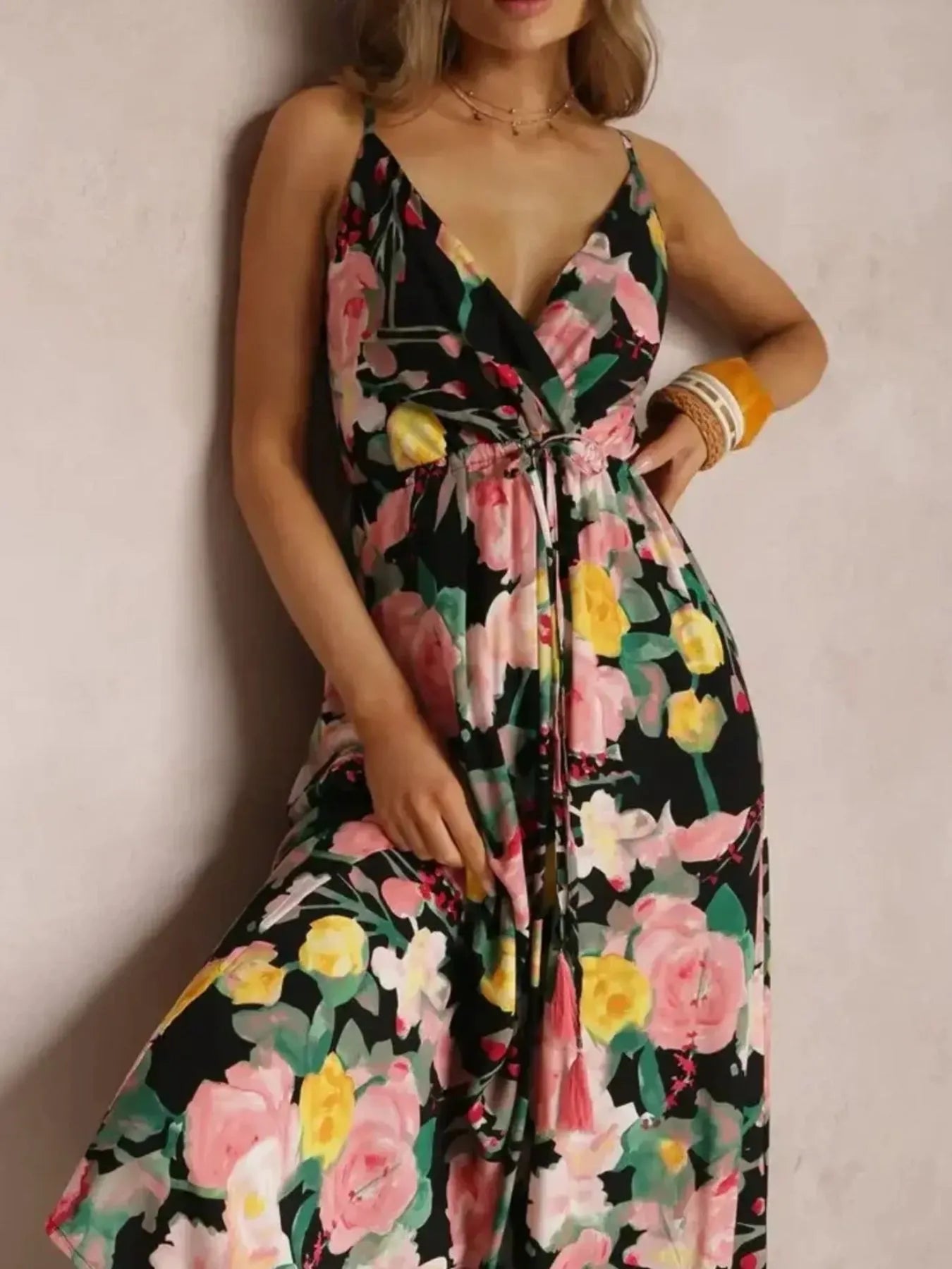 Floral Print Surplice Spaghetti Strap Maxi Dress OutfitFlow