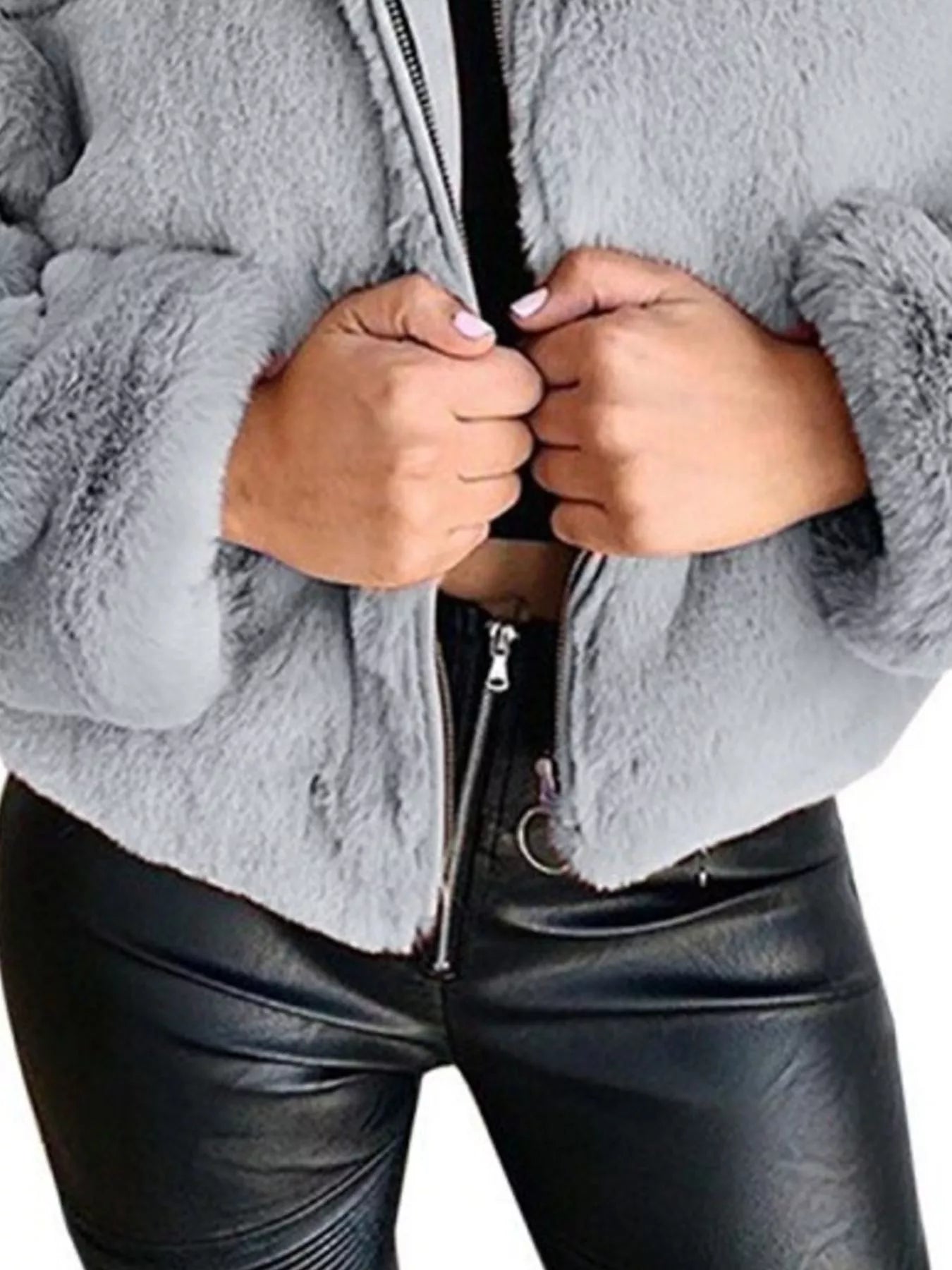Full Size Faux Fur Cropped Zip-Up Jacket Plus Size Trendsi