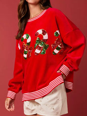 Christmas Sequin Candy Cane and Santa Sweatshirt with Striped Hem OutfitFlow
