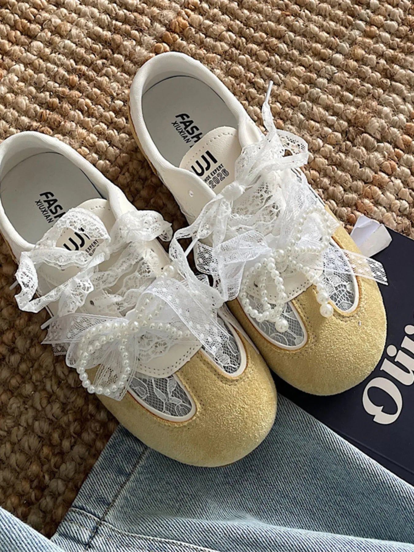 Vintage Lace Ribbon Sneakers OutfitFlow