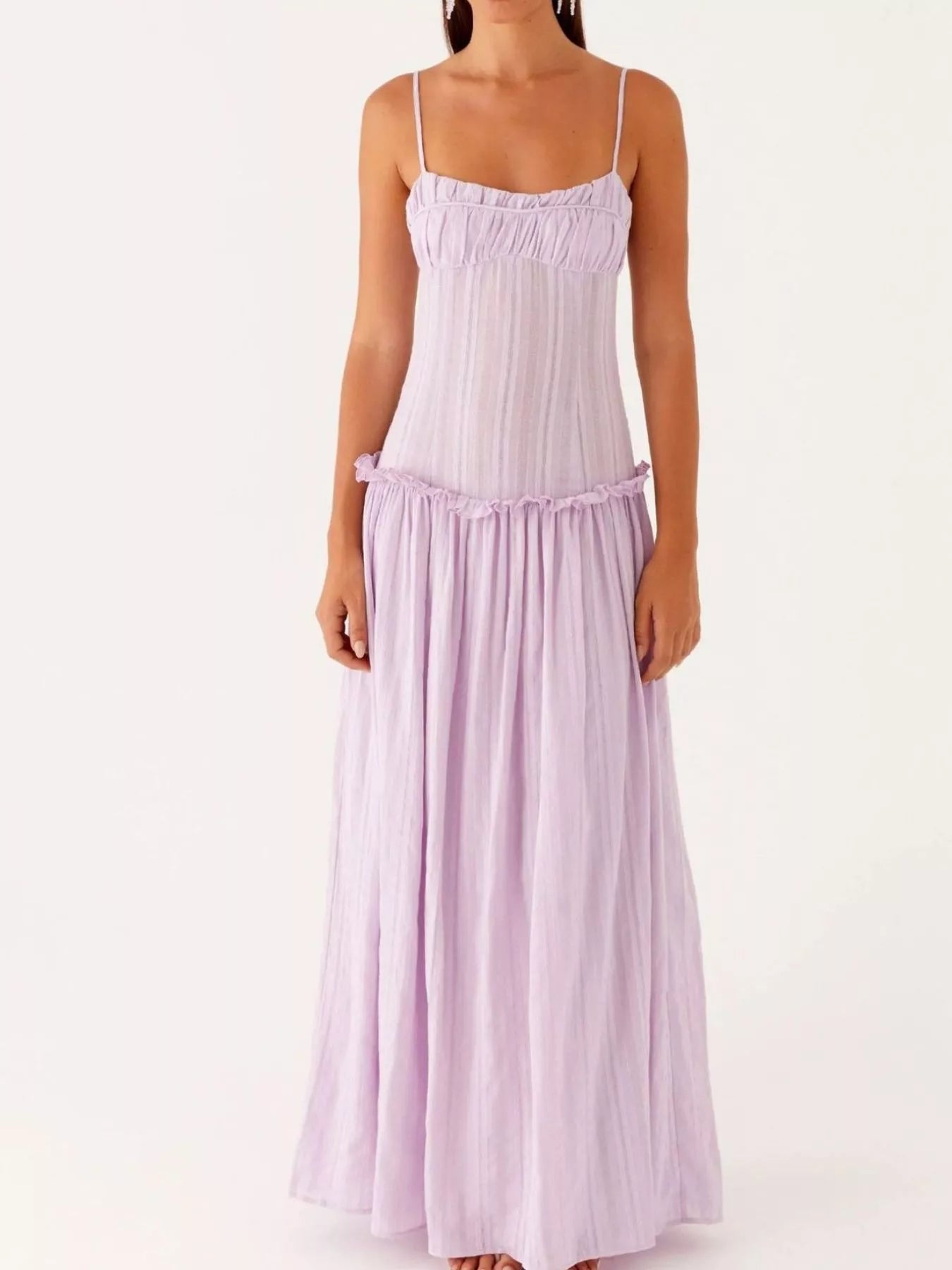 Frill Spaghetti Strap Maxi Dress OutfitFlow