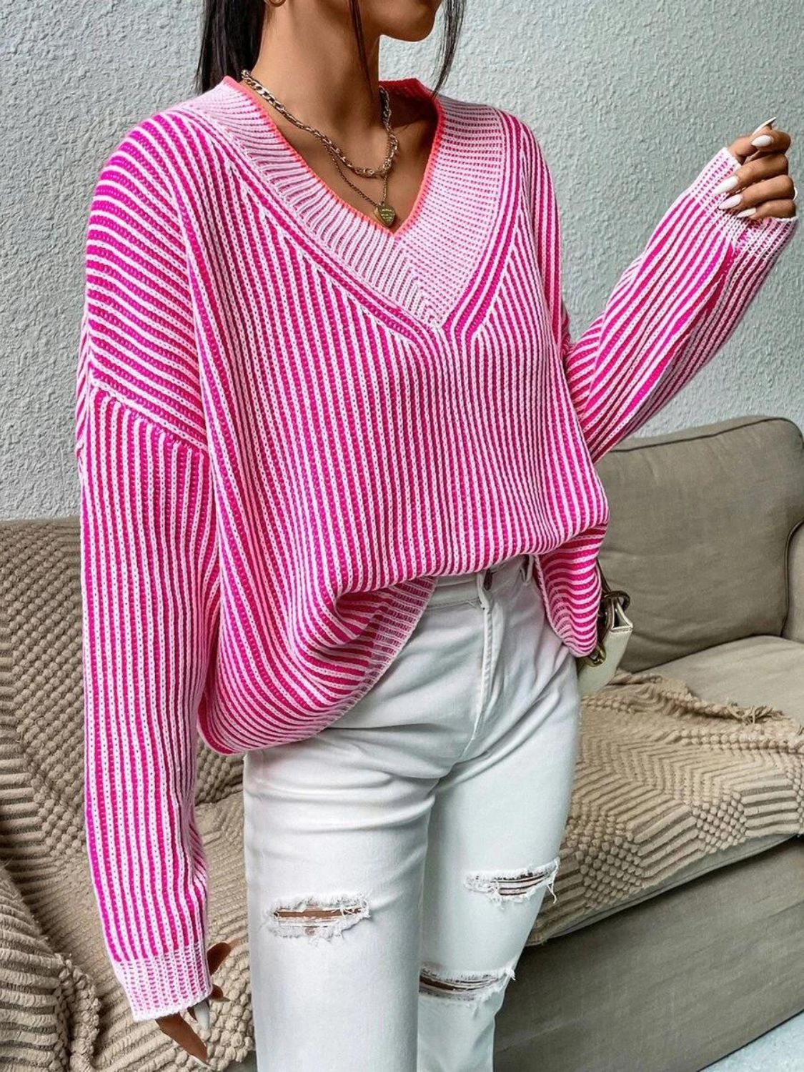 Outfit Flow -  Striped V-Neck Long Sleeve Sweater