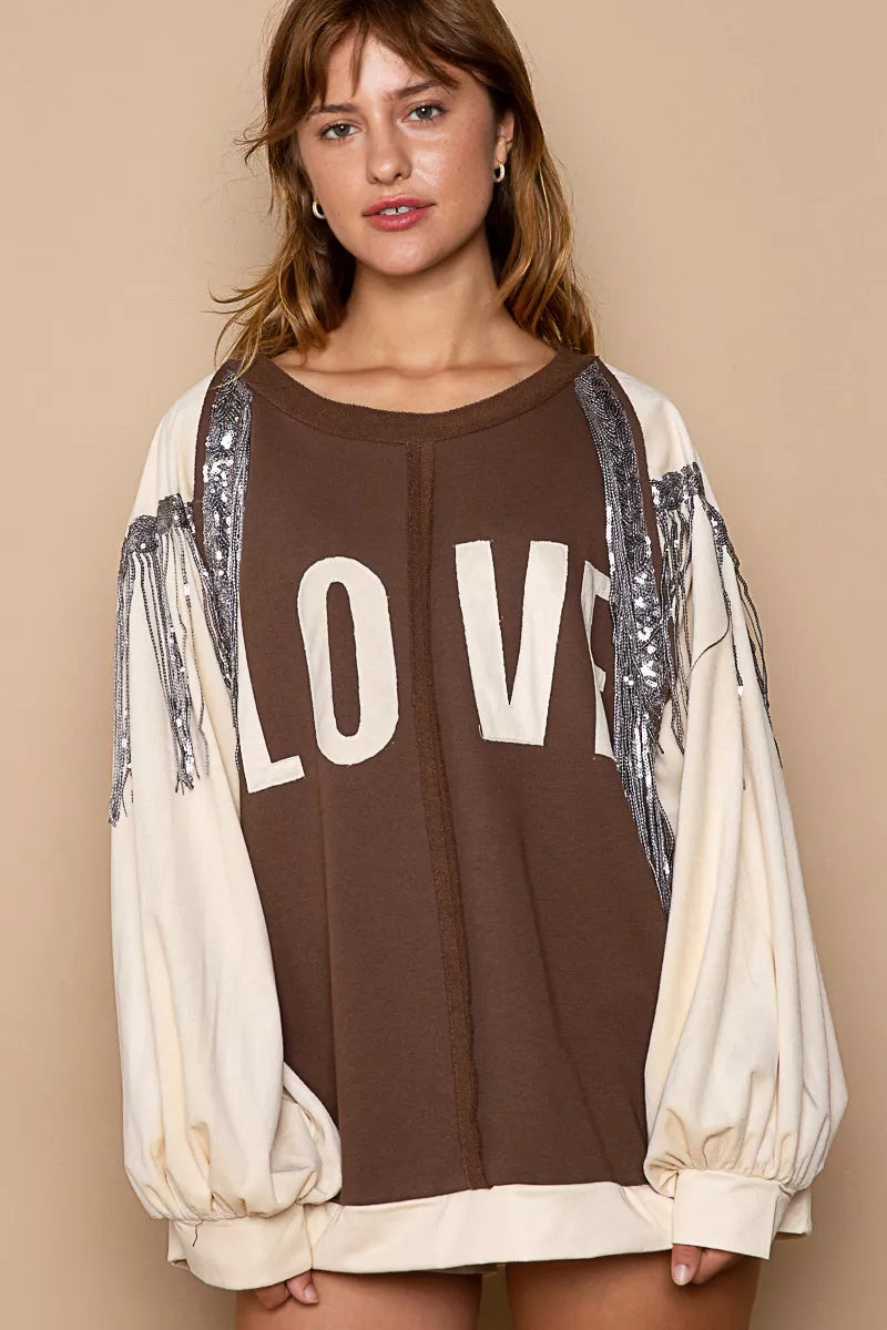 POL Balloon Sleeve French Terry Sweatshirt with Sequin Tassel Trendsi