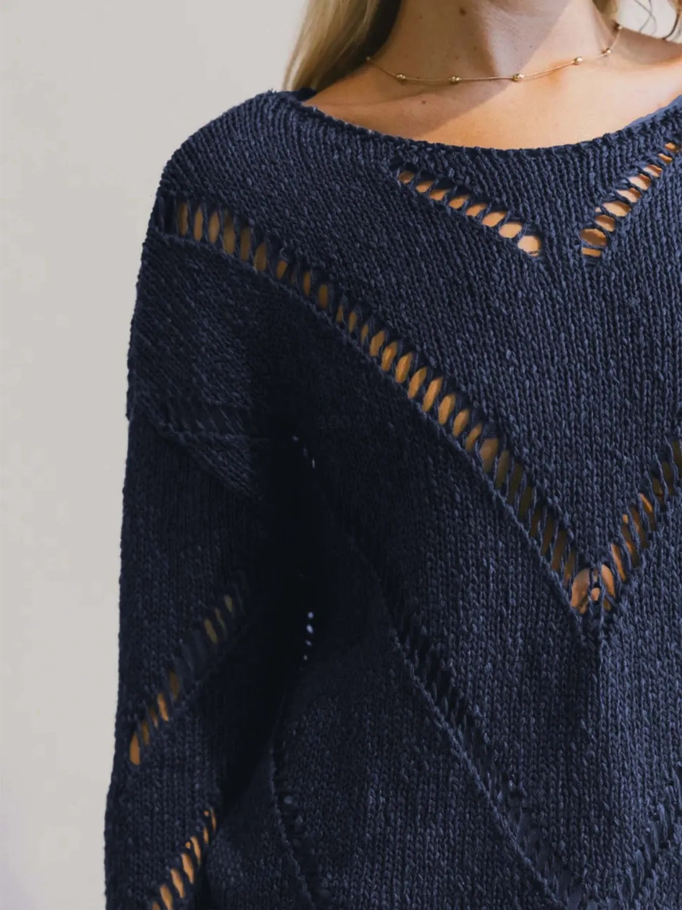 Openwork Boat Neck Long Sleeve Sweater OutfitFlow