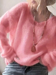 V-Neck Dropped Shoulder Sweater Pink OutfitFlow