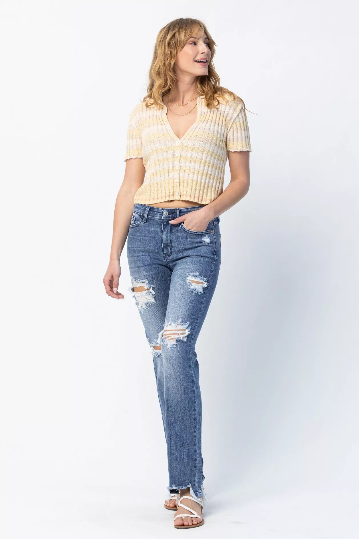 Judy Blue Full Size Mid Rise Destroy Straight Jeans Plus Size OutfitFlow
