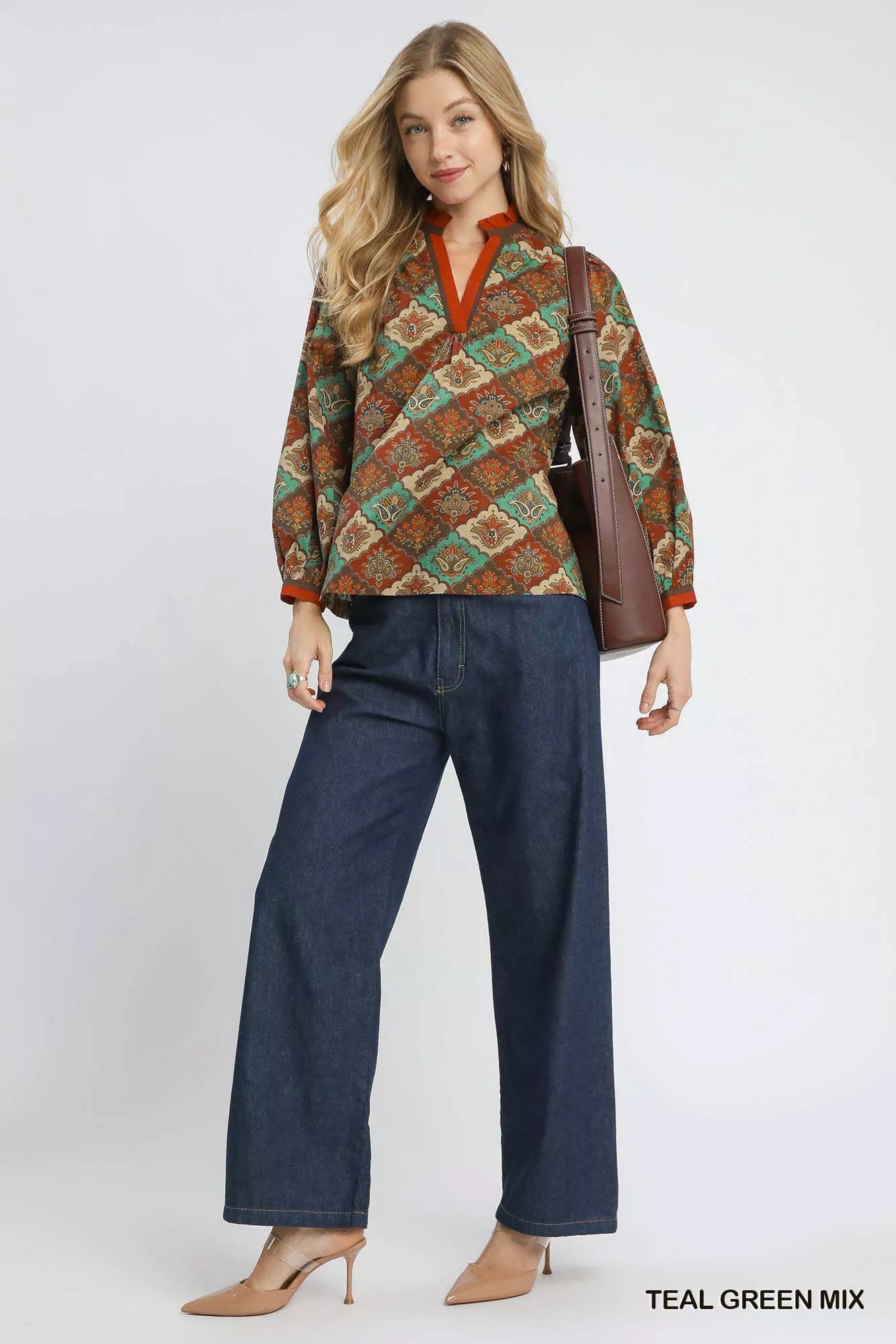 Umgee Abstract Print Ruffle Neck Top OutfitFlow