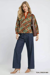 Umgee Abstract Print Ruffle Neck Top OutfitFlow