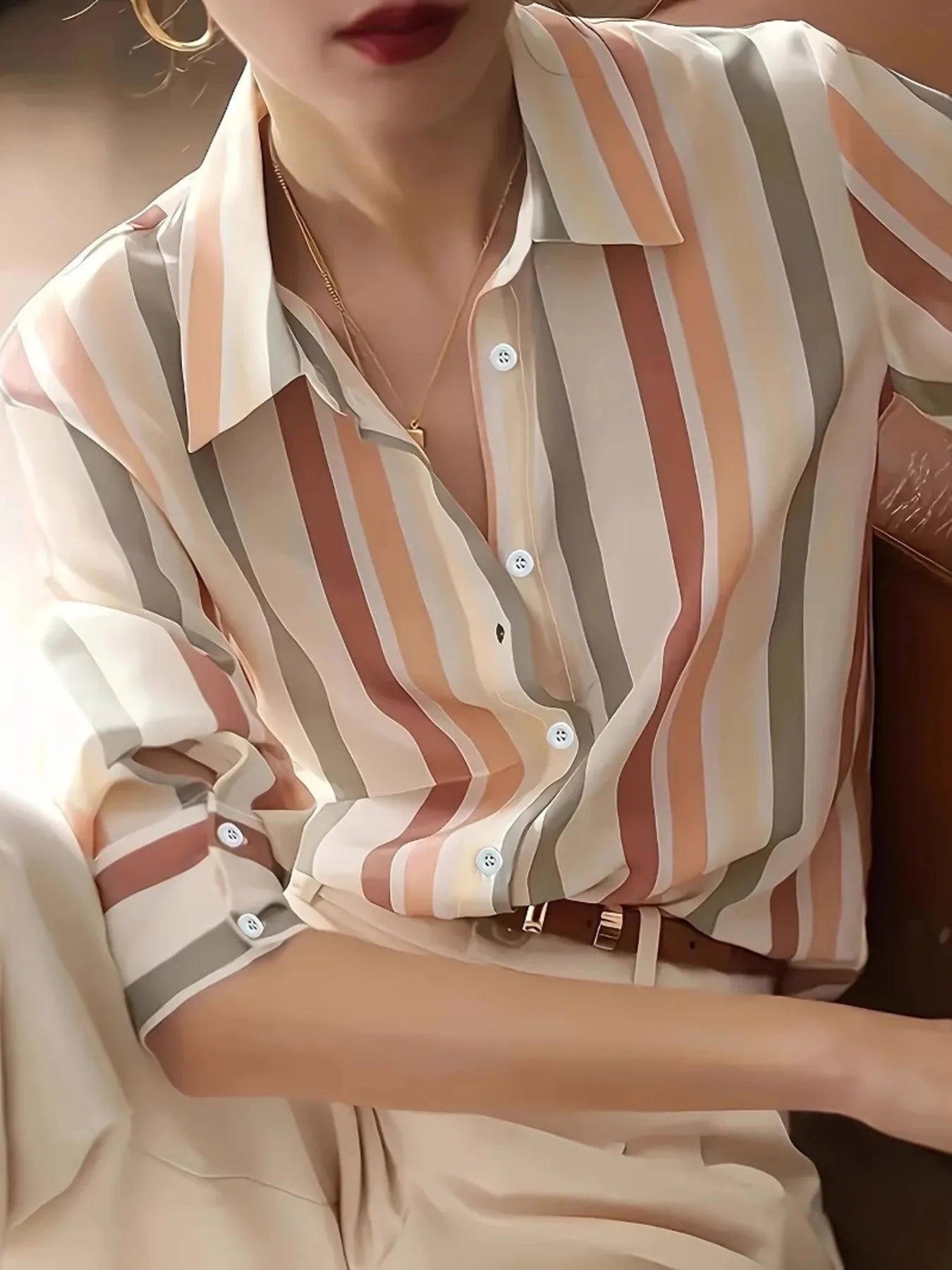 Striped Button-Up Long Sleeve Shirt OutfitFlow