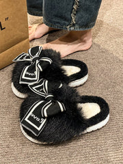 Bow Furry Round Toe Slippers