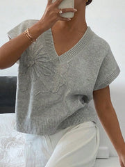 Ribbed Hem V-Neck Short Sleeve Sweater OutfitFlow