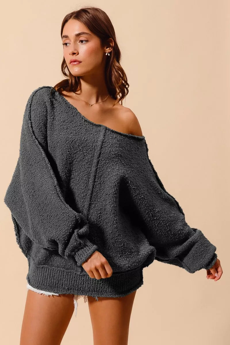 SO ME Loose Fit Exposed Seam Slouchy Boucle Sweater CHARCOAL Trendsi