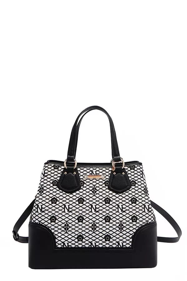 Nicole Lee USA Monogram Pattern Handbag with Rhinestones Decor BLACK OS Trendsi