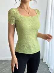 Floral Lace Square Neck T-Shirt OutfitFlow