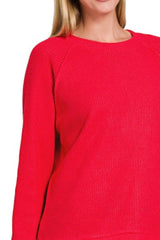 Zenana Round Neck Raglan Long Sleeve Sweater OutfitFlow