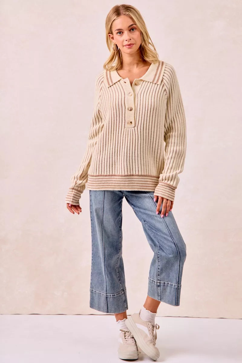BiBi Half Button Ribbed Two Tone Sweater OutfitFlow