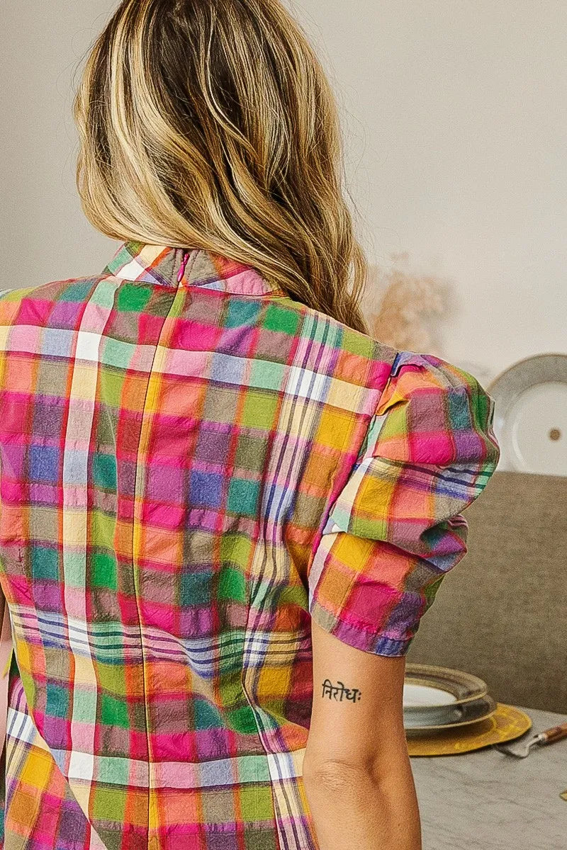 BiBi Short Puff Sleeve Washed Vintage Plaid Top OutfitFlow
