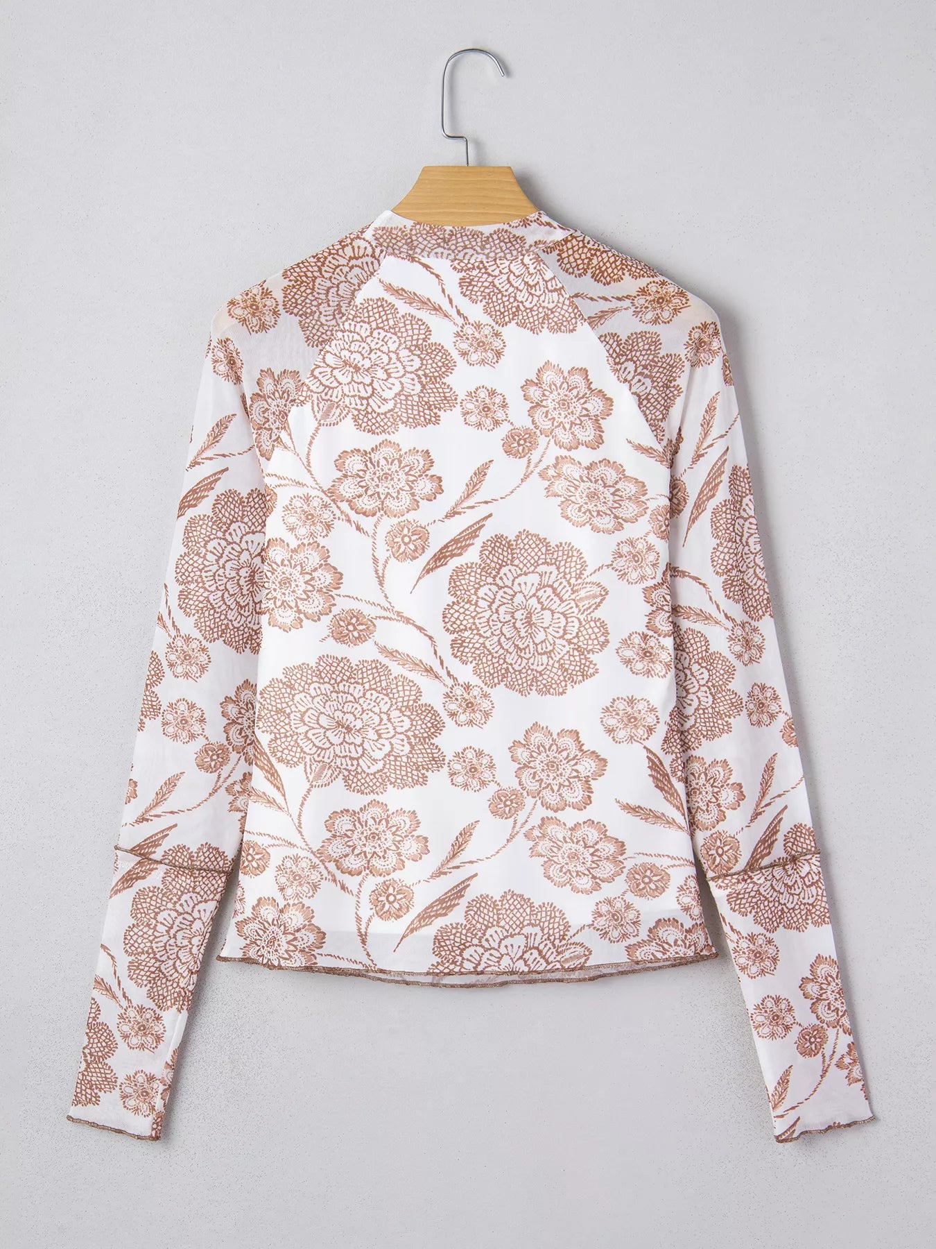Thumbhole Long Sleeve Floral Print Mesh Top Trendsi
