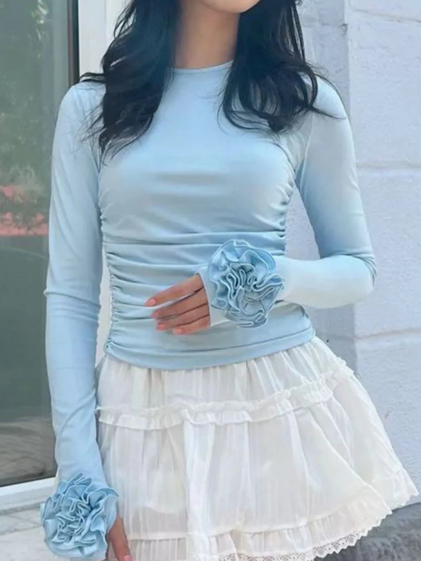 Flower Round Neck Long Sleeve T-Shirt OutfitFlow