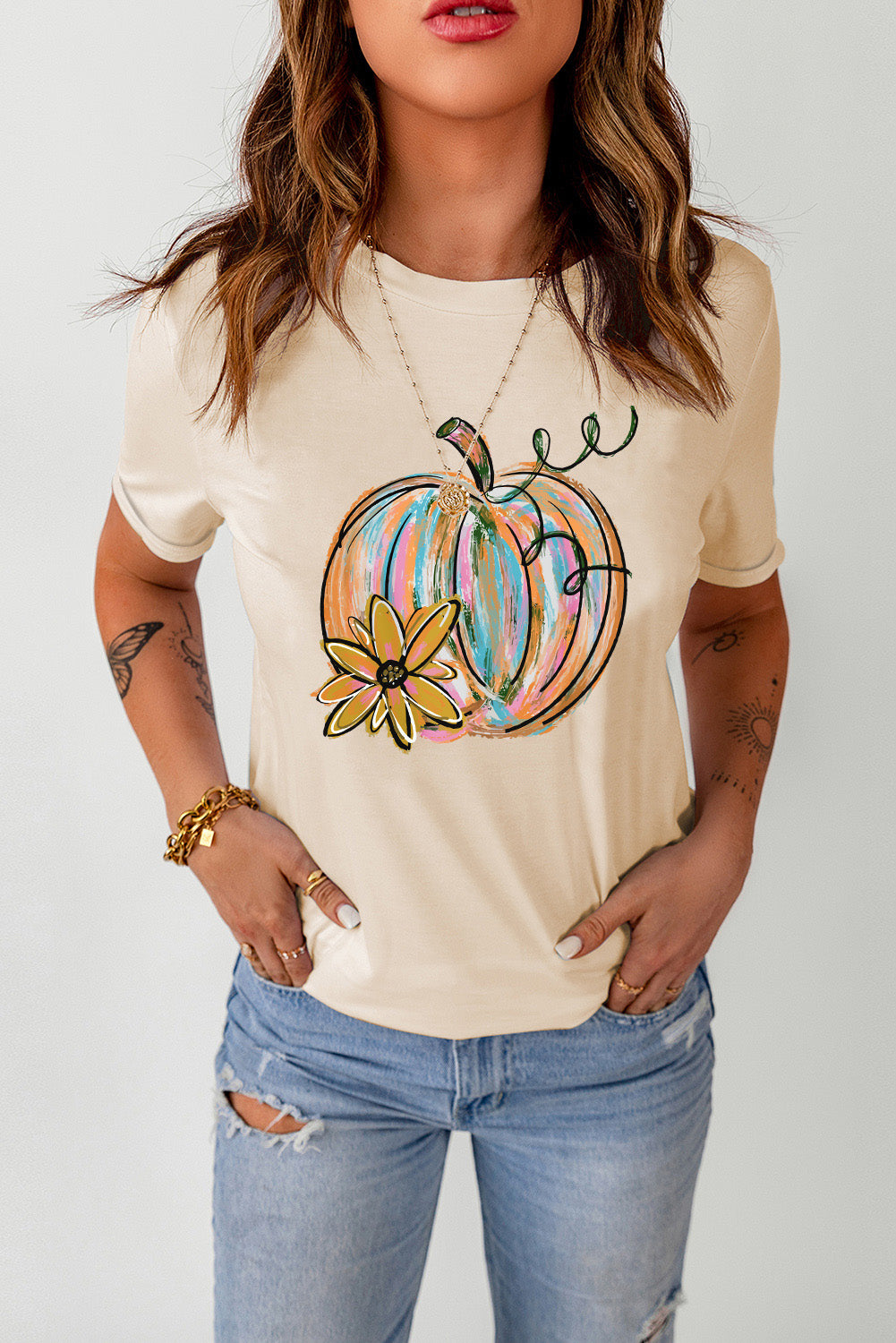 Pumpkin Graphic Round Neck T-Shirt OutfitFlow