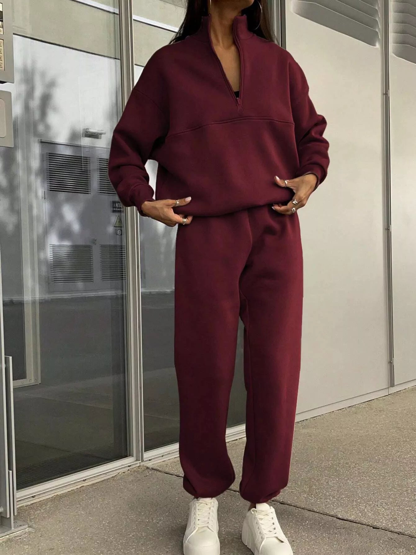 Half Zip Sweatshirt and Pants Set Burgundy OutfitFlow