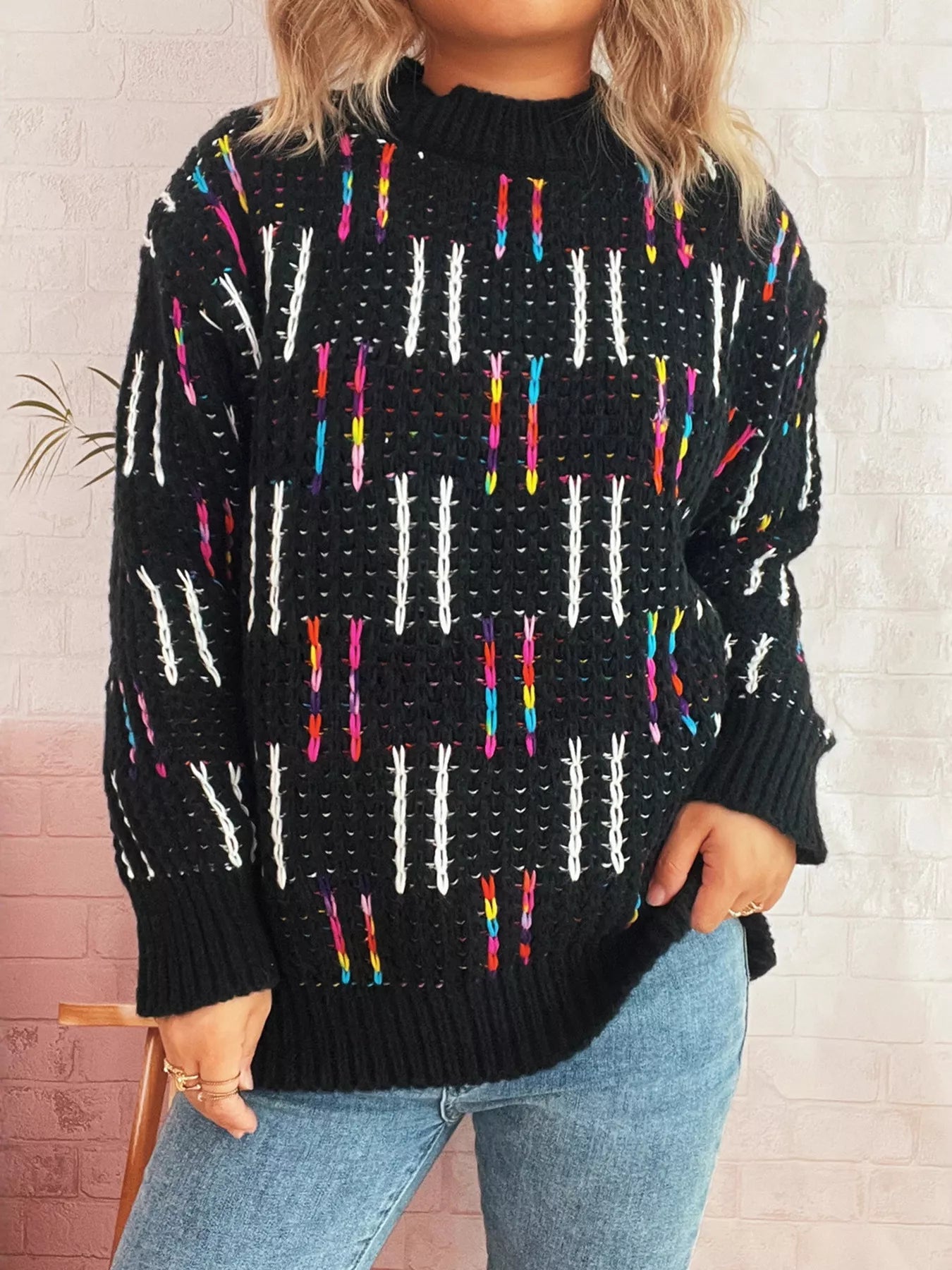 Colorful Round Neck Long Sleeve Sweater OutfitFlow