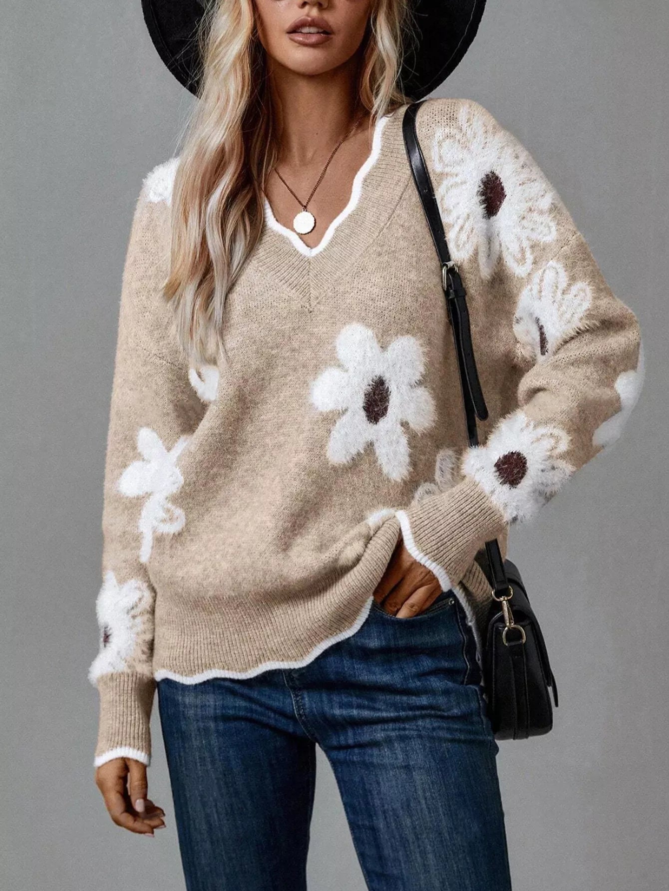 Floral V-Neck Long Sleeve Sweater OutfitFlow