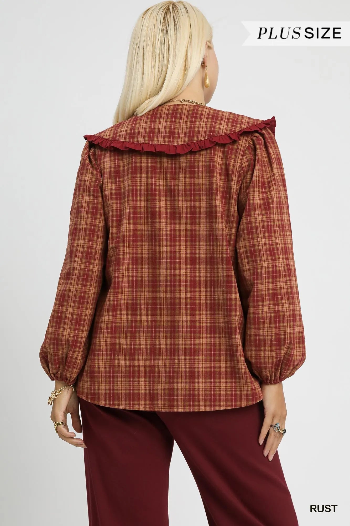 Umgee Full Size Plaid Ruffle Collar Blouse Plus Size Trendsi