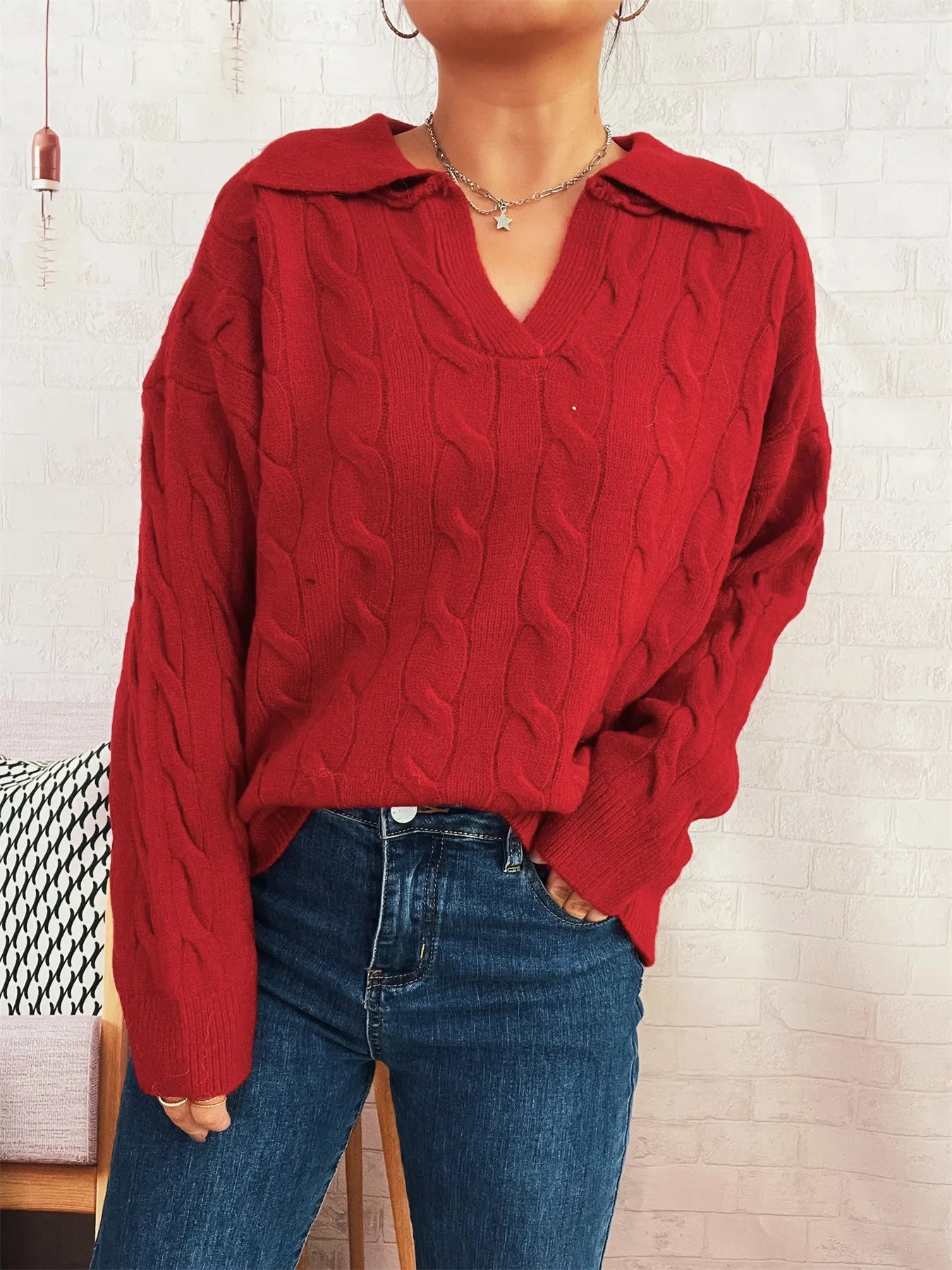 Cable Knit Johnny Collar Sweater Trendsi