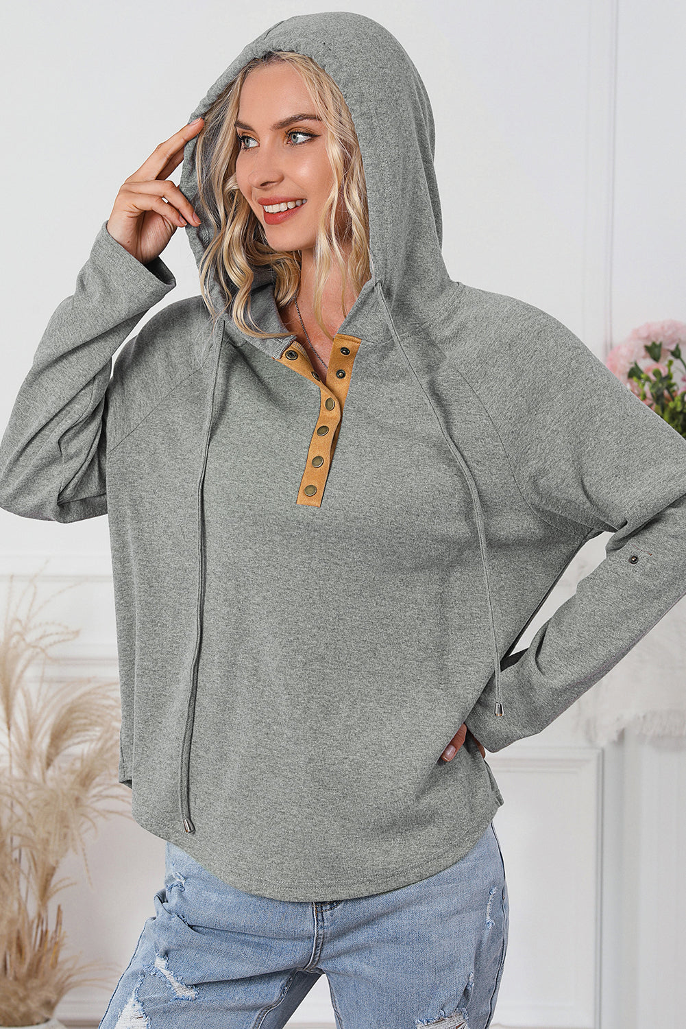 Outfit Flow - Drawstring Quarter Snap Long Sleeve Hoodie