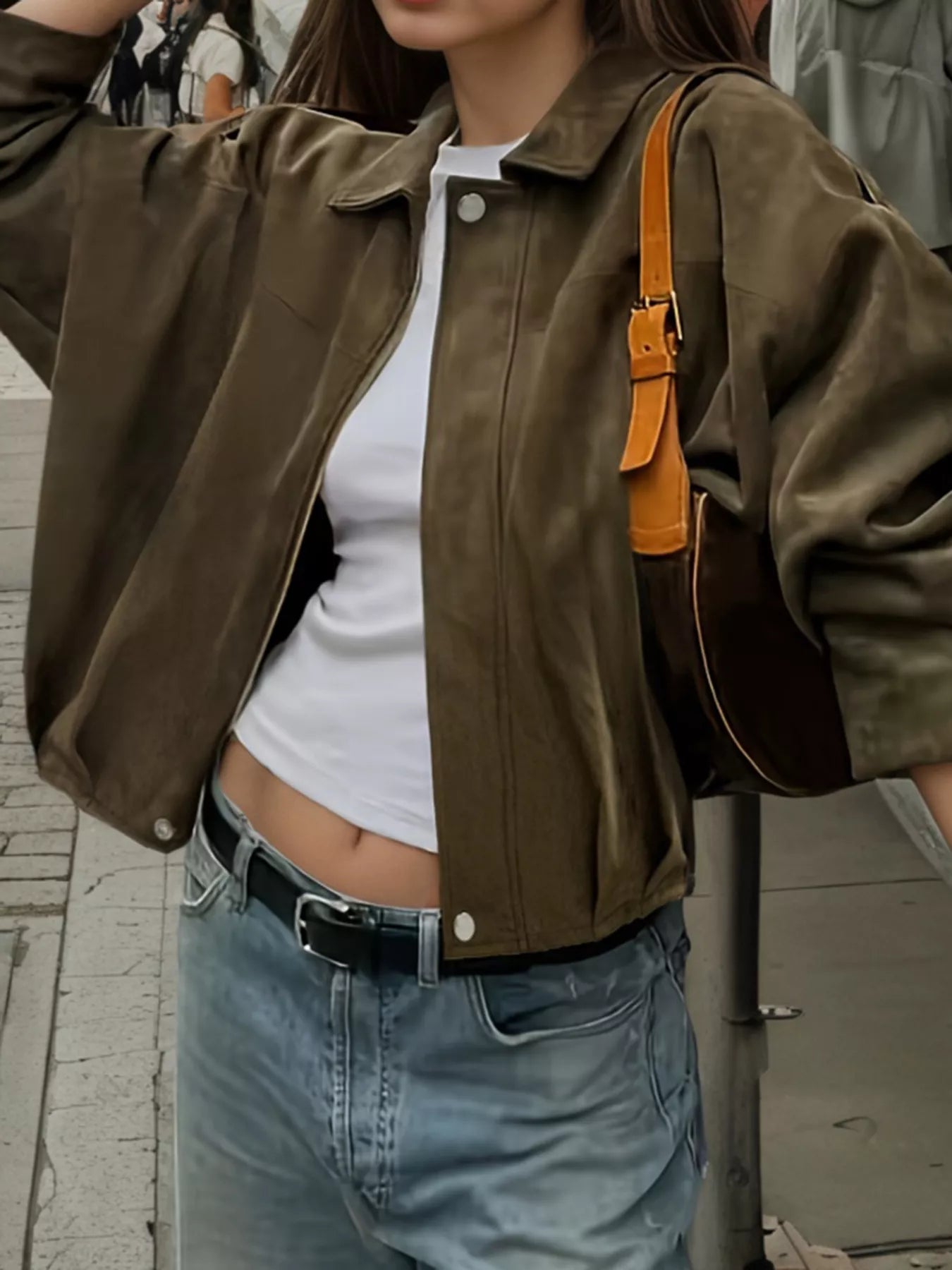 Plus Size Suede Cropped Bomber Jacket OutfitFlow