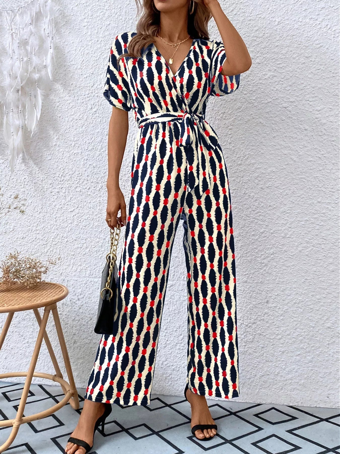 Printed Surplice Tie Waist Short Sleeve Jumpsuit OutfitFlow