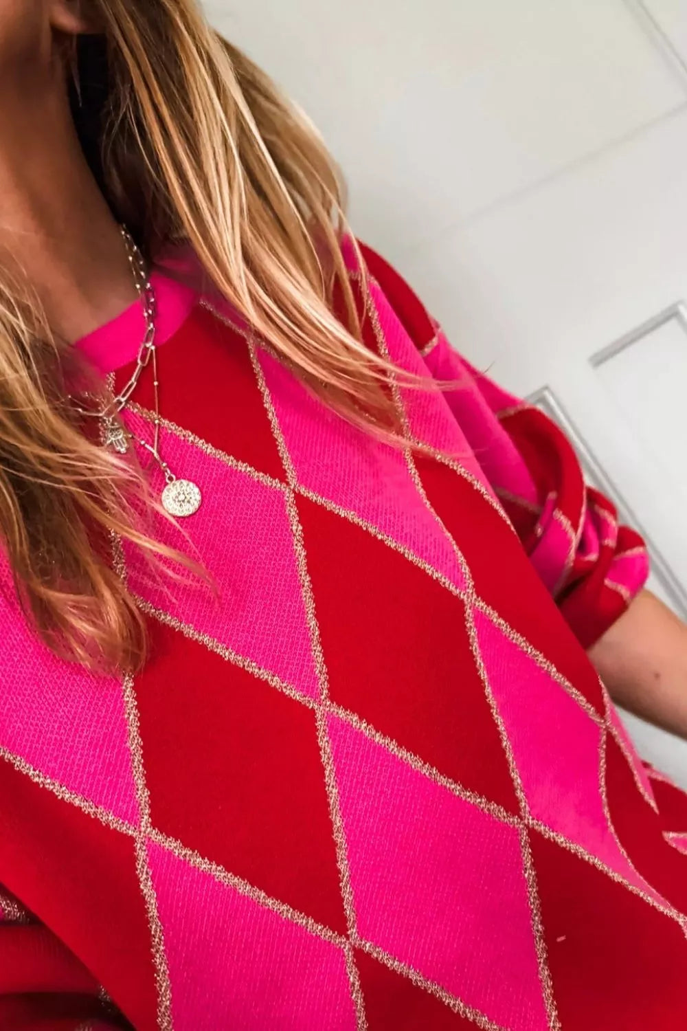 Argyle Pattern Long Sleeve Sweater OutfitFlow