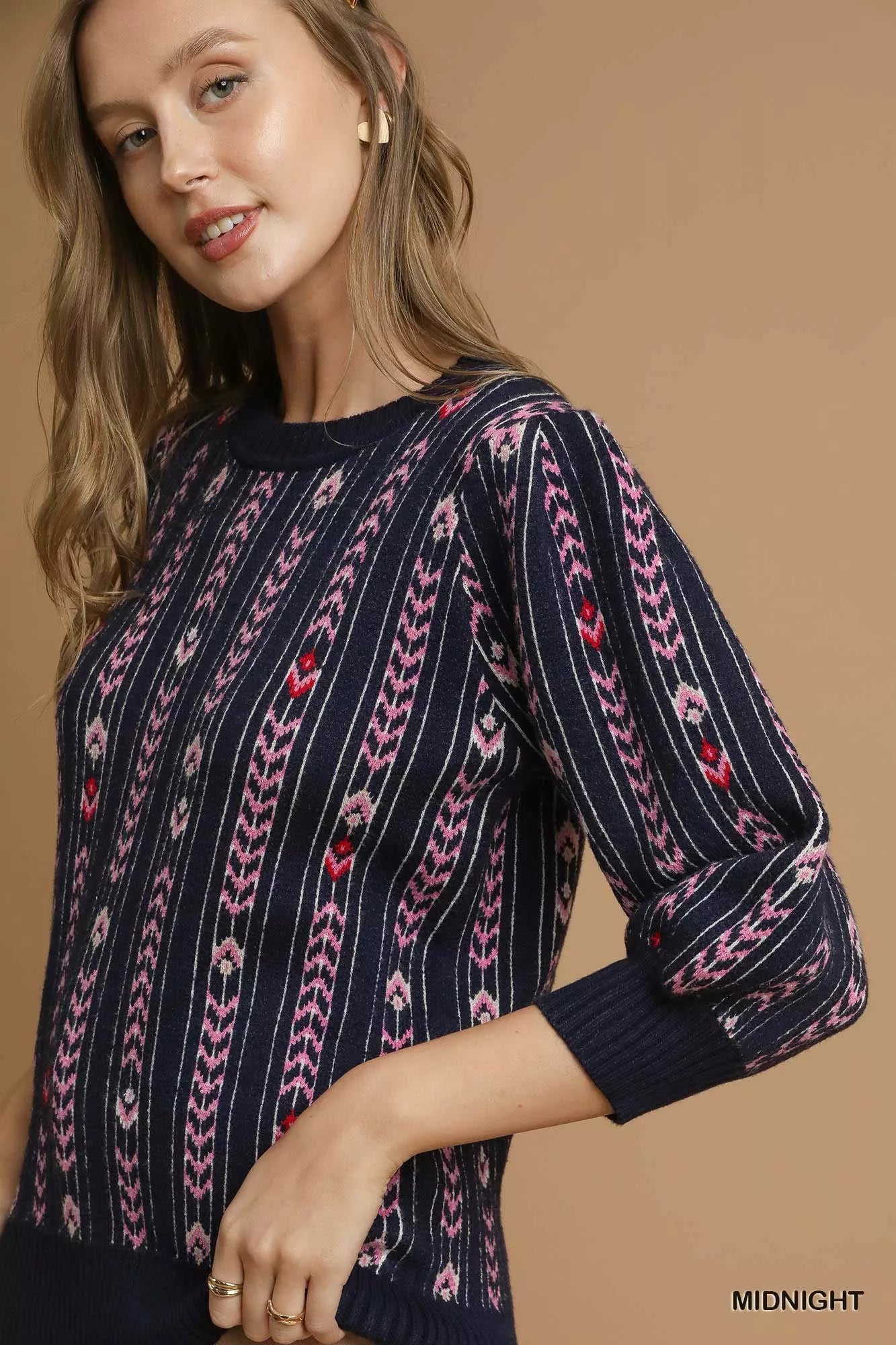 Umgee Jacquard Knit Puff Sleeve Sweater OutfitFlow