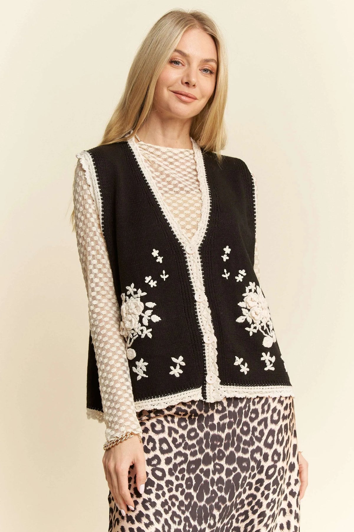 Davi & Dani Floral Embroidered Lace Sweater Knit Vest BLACK CREAM OutfitFlow