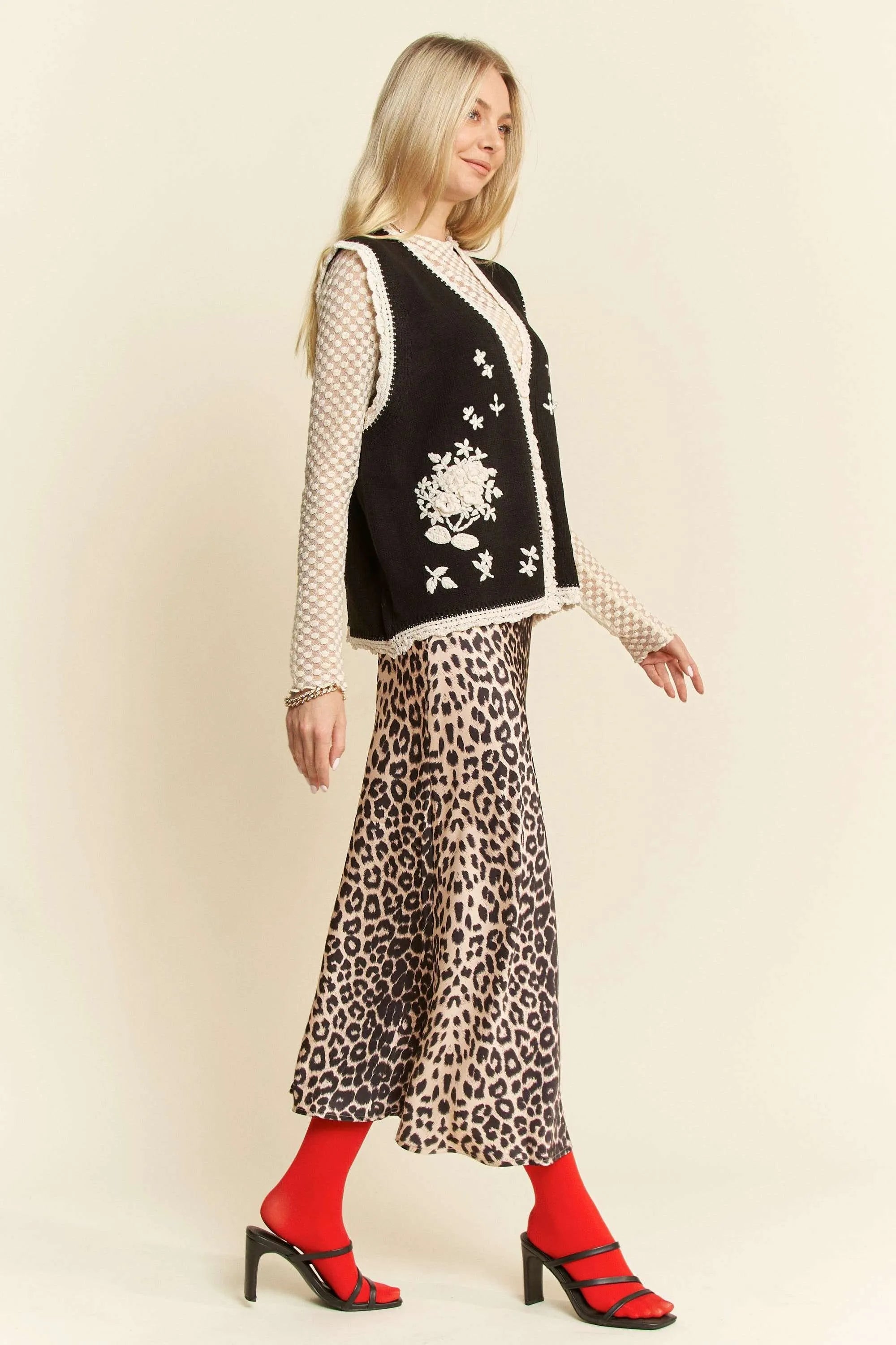 Davi & Dani Floral Embroidered Lace Sweater Knit Vest OutfitFlow