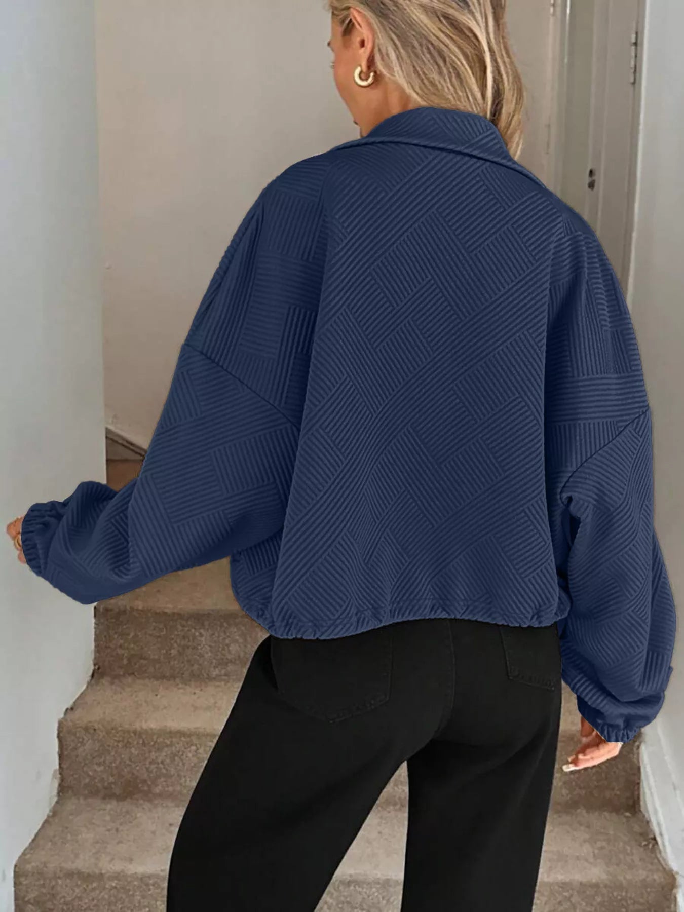 Drawstring Hem Textured Long Sleeve Jacket OutfitFlow