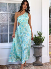 Full Size Single Shoulder Pleated Midi Dress Plus Size Green OutfitFlow
