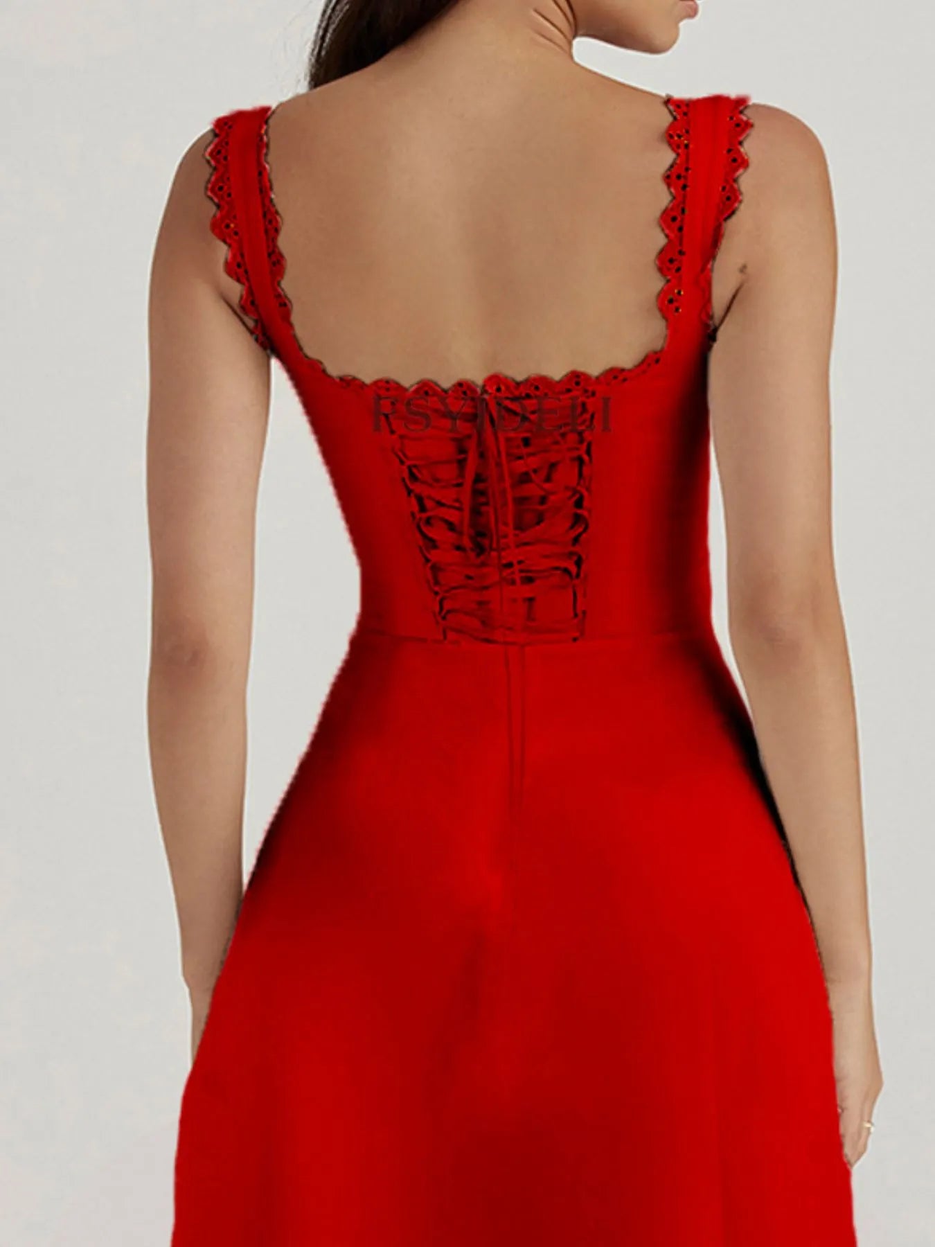 Scalloped V-Neck Midi Dress with Back Lace-Up OutfitFlow