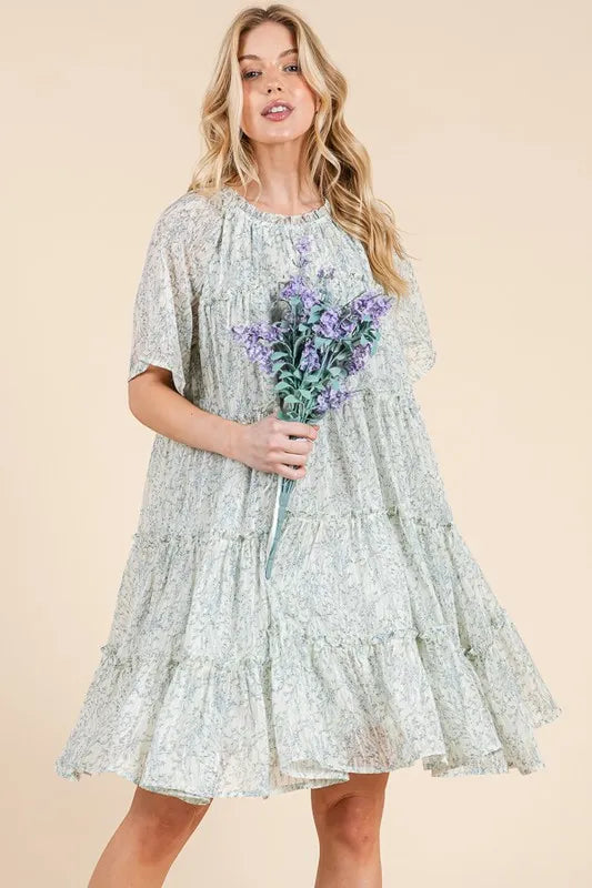 Lime 'N' Chili Ditsy Floral Print Sheer Ruffle Detail Mini Dress OutfitFlow
