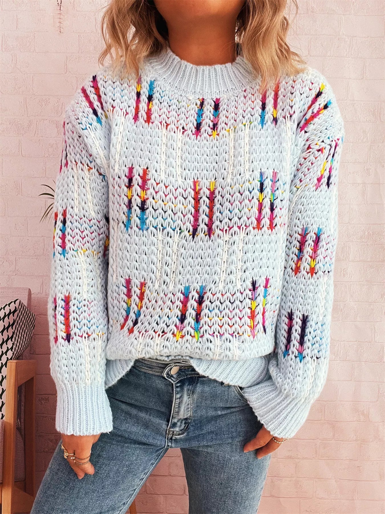 Colorful Round Neck Long Sleeve Sweater OutfitFlow