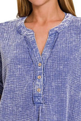 Zenana Washed Double Gauze 3/4 Button Henley Neck Shirt OutfitFlow