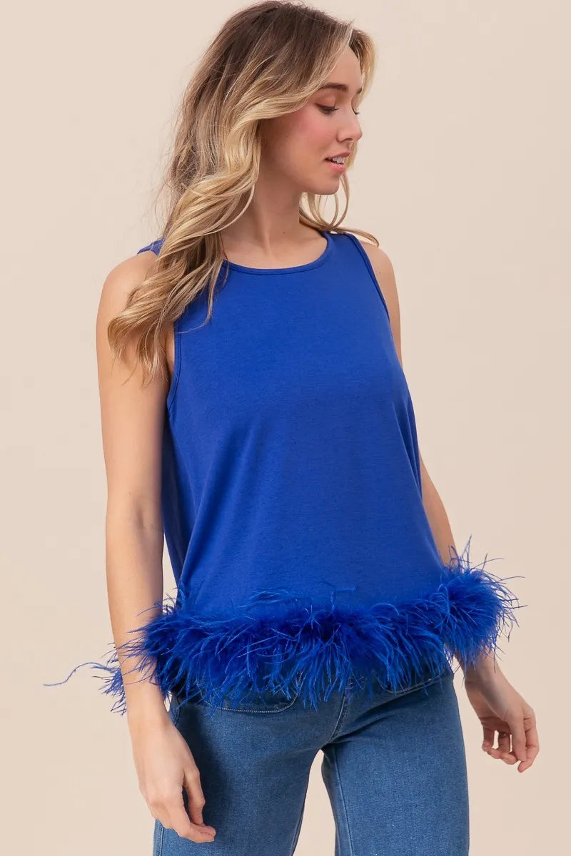 BiBi French Terry Faux Feather Bottom Back Tied Top OutfitFlow