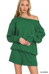Zenana Fleece Boat Neck Sweatshirt and Shorts Set DK GREEN OutfitFlow